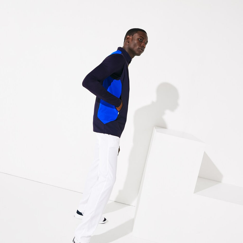 Mens   SPORT Stretch Zip Golf Rain Vest | Lacoste Navy Blue / Blue / Flashy Yellow • 4Cs