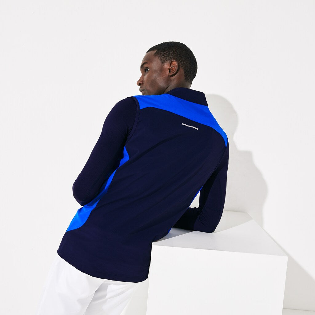 Mens   SPORT Stretch Zip Golf Rain Vest | Lacoste Navy Blue / Blue / Flashy Yellow • 4Cs