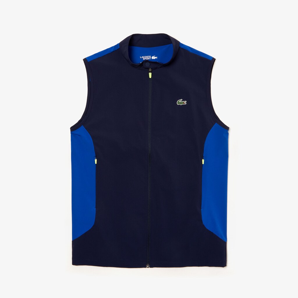 Mens   SPORT Stretch Zip Golf Rain Vest | Lacoste Navy Blue / Blue / Flashy Yellow • 4Cs