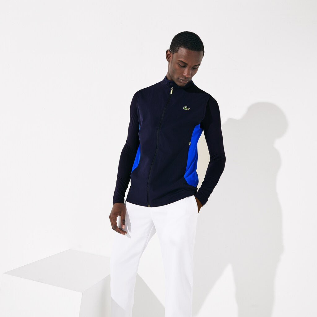 Mens   SPORT Stretch Zip Golf Rain Vest | Lacoste Navy Blue / Blue / Flashy Yellow • 4Cs