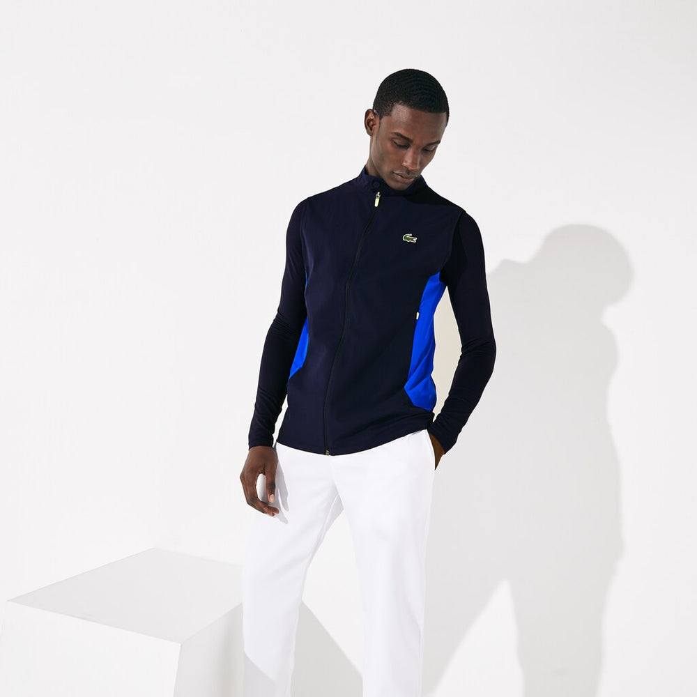 Mens   SPORT Stretch Zip Golf Rain Vest | Lacoste Navy Blue / Blue / Flashy Yellow • 4Cs