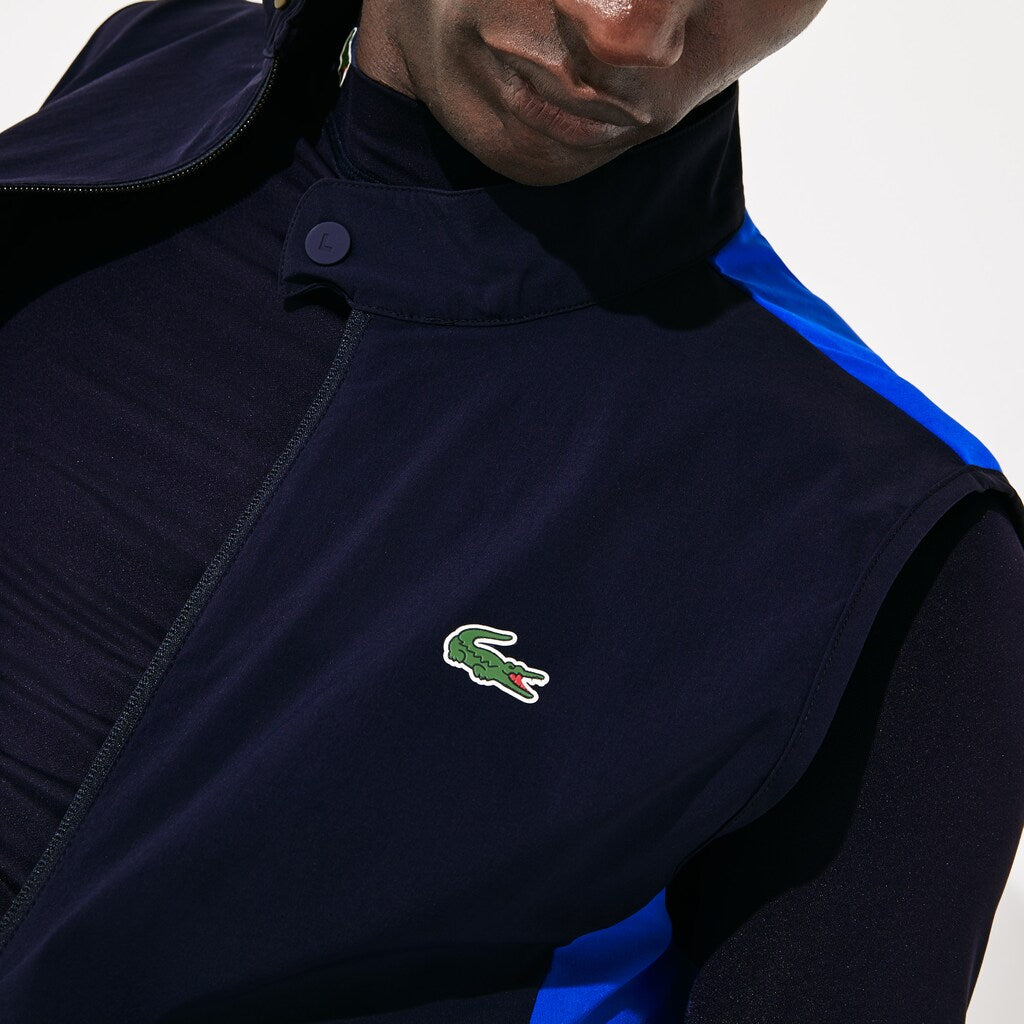 Mens   SPORT Stretch Zip Golf Rain Vest | Lacoste Navy Blue / Blue / Flashy Yellow • 4Cs