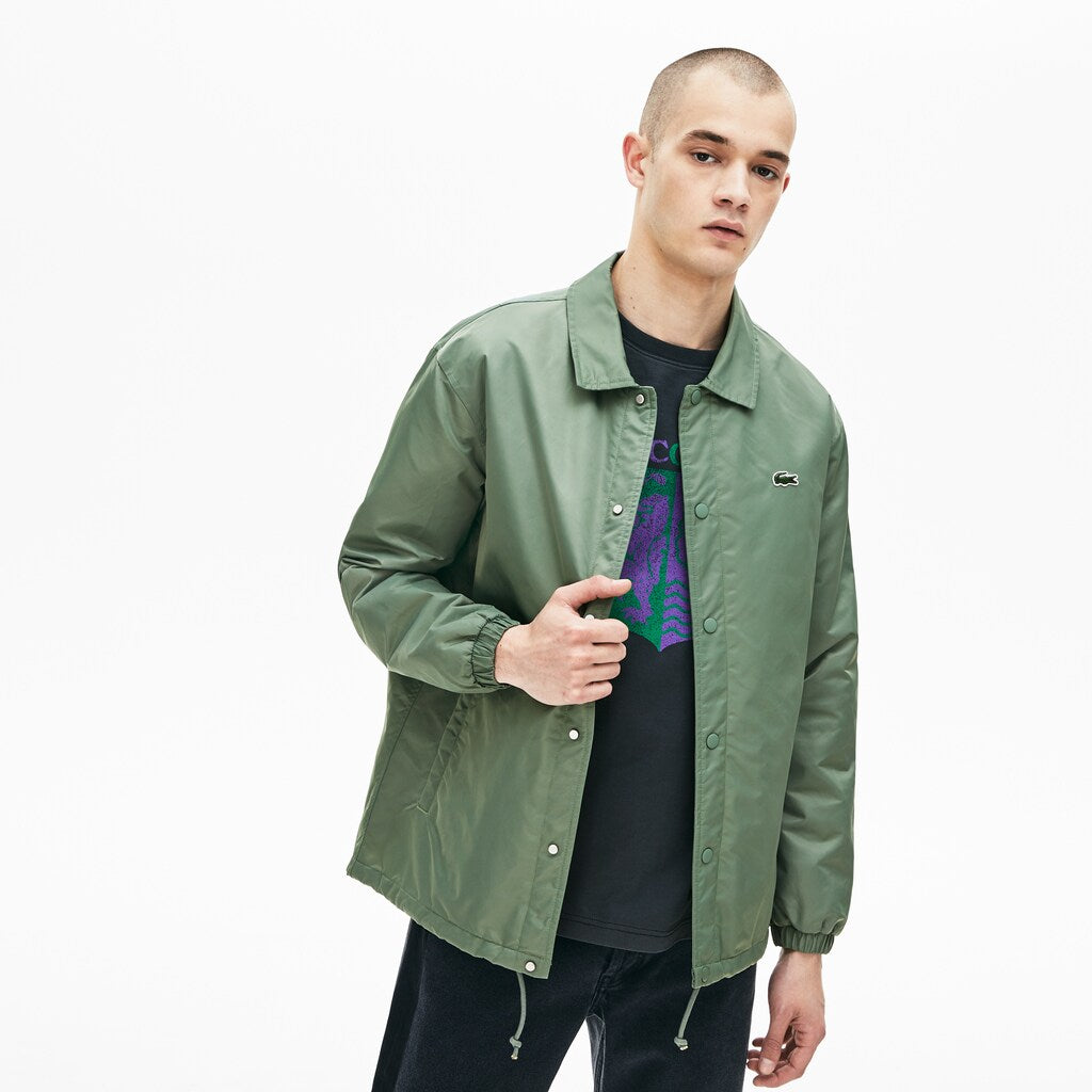 Mens   LIVE Buttoned Embroidered Coach Jacket | Lacoste Khaki Green • Fkm