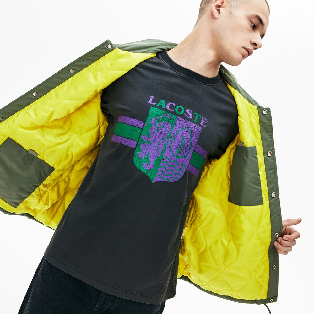 Mens   LIVE Buttoned Embroidered Coach Jacket | Lacoste Khaki Green • Fkm