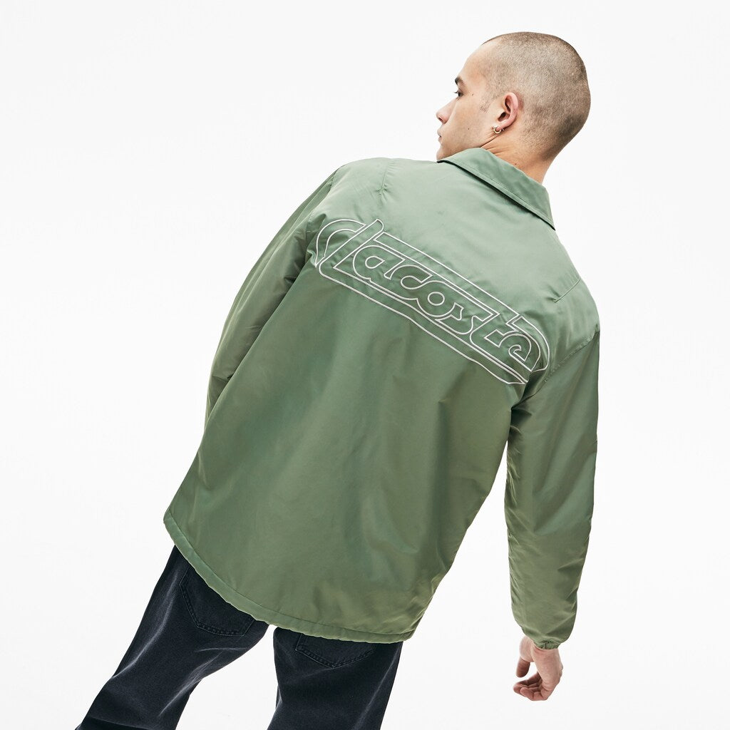 Mens   LIVE Buttoned Embroidered Coach Jacket | Lacoste Khaki Green • Fkm