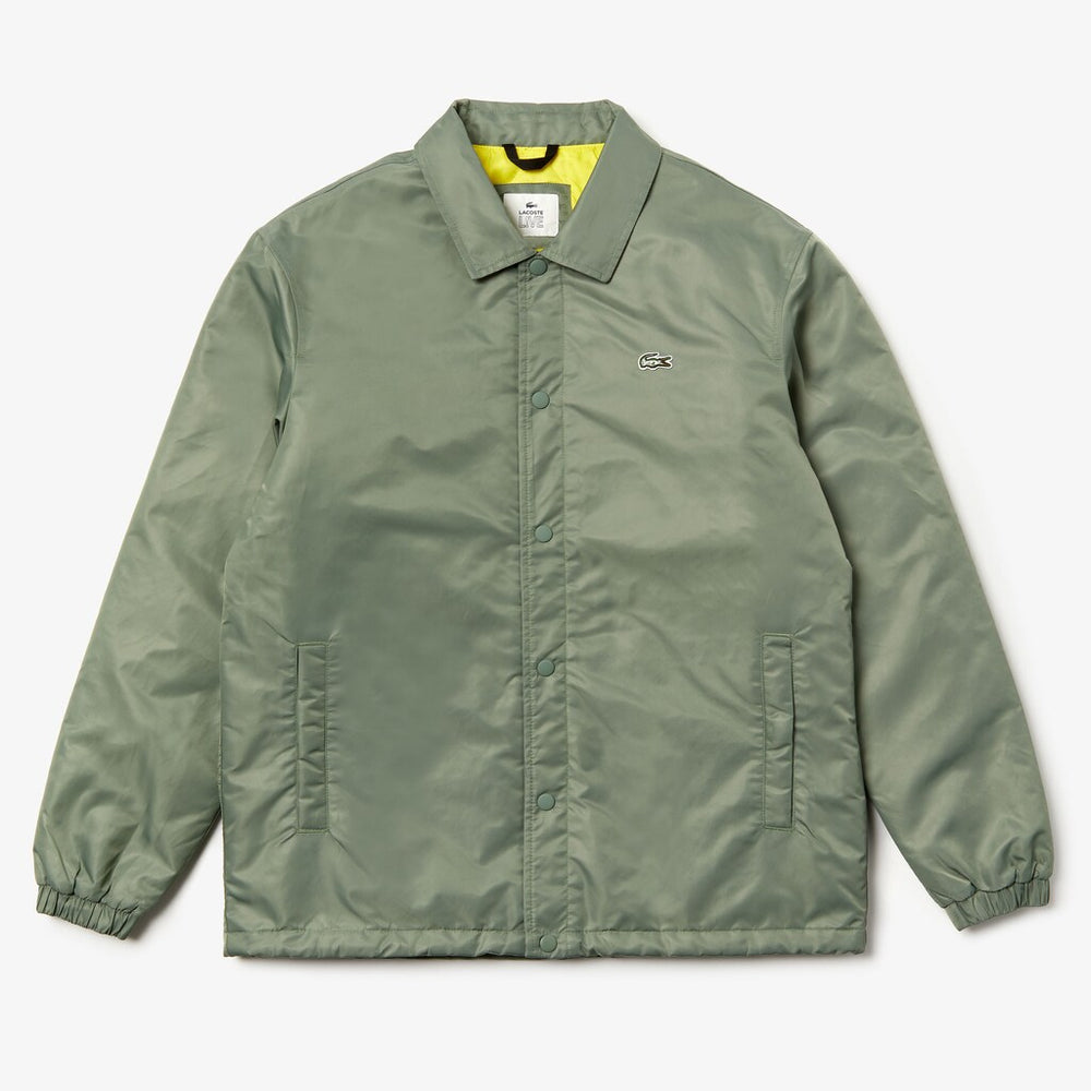 Mens   LIVE Buttoned Embroidered Coach Jacket | Lacoste Khaki Green • Fkm