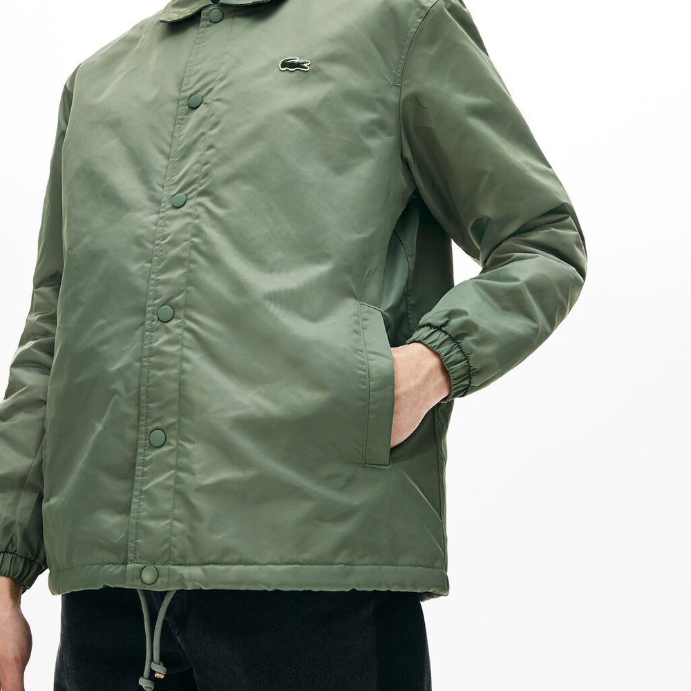 Mens   LIVE Buttoned Embroidered Coach Jacket | Lacoste Khaki Green • Fkm