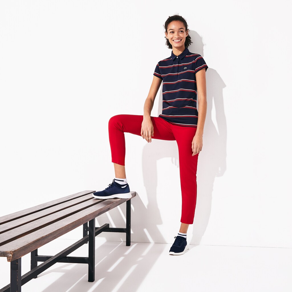 Womens Wo  SPORT Breathable Stretch Jersey Golf Polo | Lacoste Navy Blue / Pink / Red • 1Mz