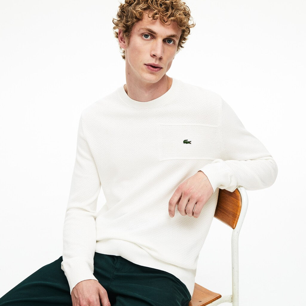 Mens   Crewneck Texturized Cotton Sweater | Lacoste White • 70V