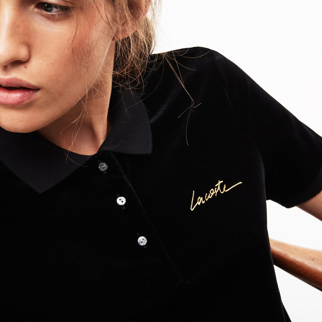 Womens Wo  LIVE Slim Fit Golden Signature Velvet Polo Shirt | Lacoste Black • 031
