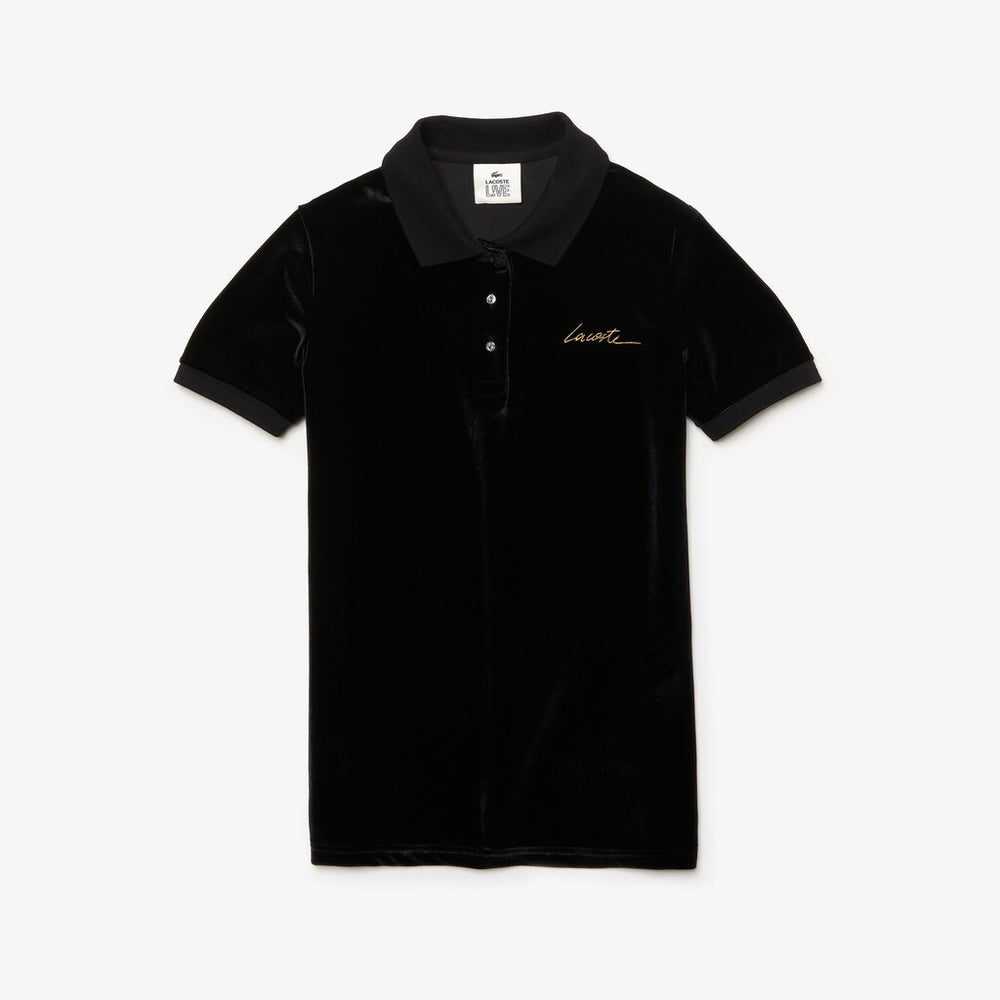 Womens Wo  LIVE Slim Fit Golden Signature Velvet Polo Shirt | Lacoste Black • 031
