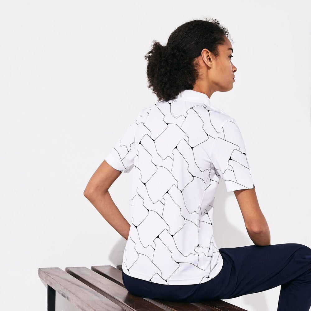 Womens Wo  SPORT Printed Stretch Jersey Golf Polo | Lacoste White / Navy Blue • 522