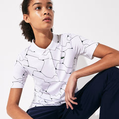 Womens Wo  SPORT Printed Stretch Jersey Golf Polo | Lacoste White / Navy Blue • 522