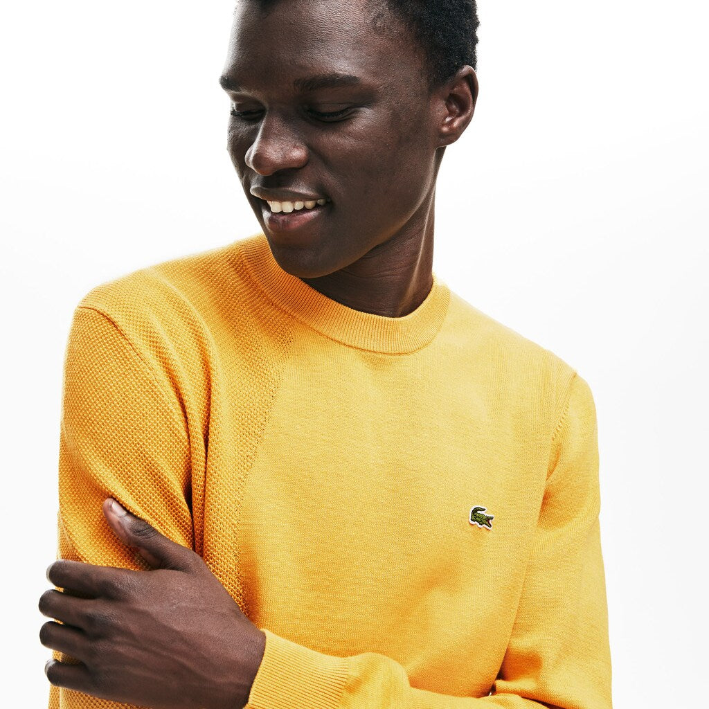 Mens   Crewneck Textured Thermoregulating Sweater | Lacoste Yellow / Navy Blue • 1Tv