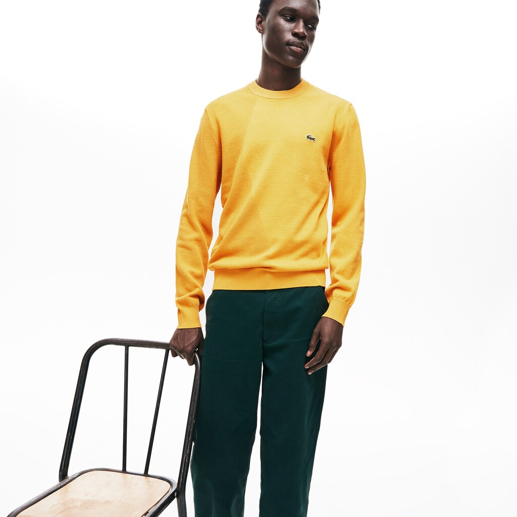 Mens   Crewneck Textured Thermoregulating Sweater | Lacoste Yellow / Navy Blue • 1Tv