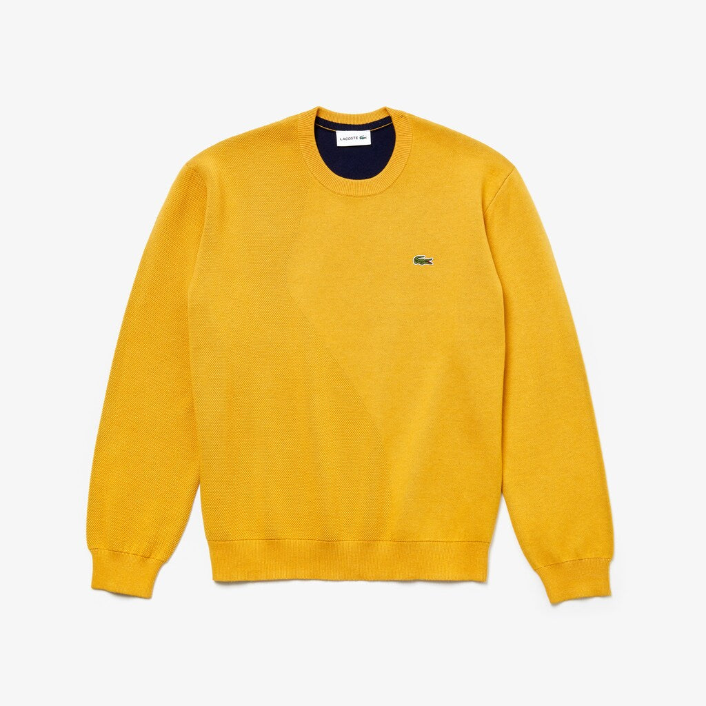 Mens   Crewneck Textured Thermoregulating Sweater | Lacoste Yellow / Navy Blue • 1Tv