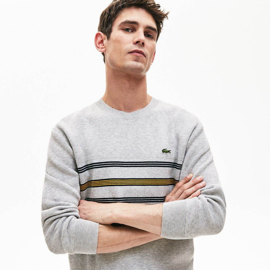 Mens   Crewneck Striped Texturized Piqué Sweater | Lacoste Grey Chine / Navy Blue / Yellow • 1Fr