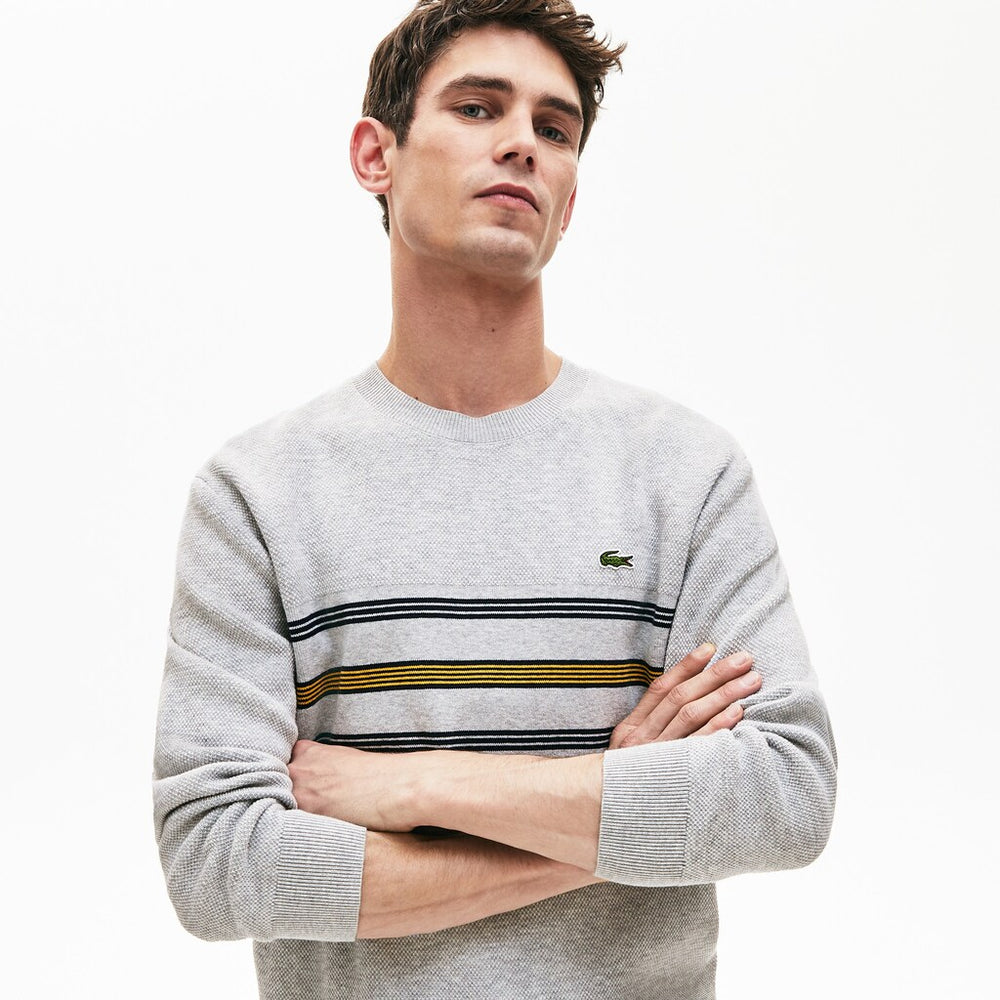 Mens   Crewneck Striped Texturized Piqué Sweater | Lacoste Grey Chine / Navy Blue / Yellow • 1Fr