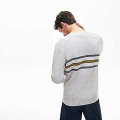 Mens   Crewneck Striped Texturized Piqué Sweater | Lacoste Grey Chine / Navy Blue / Yellow • 1Fr
