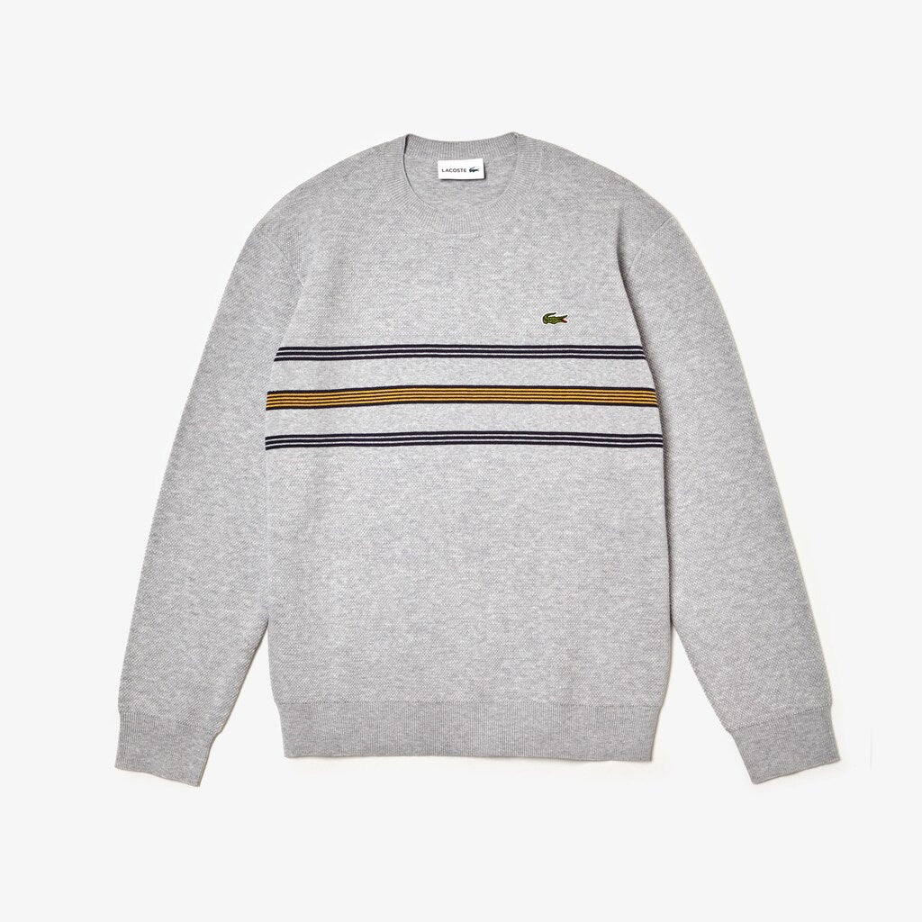 Mens   Crewneck Striped Texturized Piqué Sweater | Lacoste Grey Chine / Navy Blue / Yellow • 1Fr