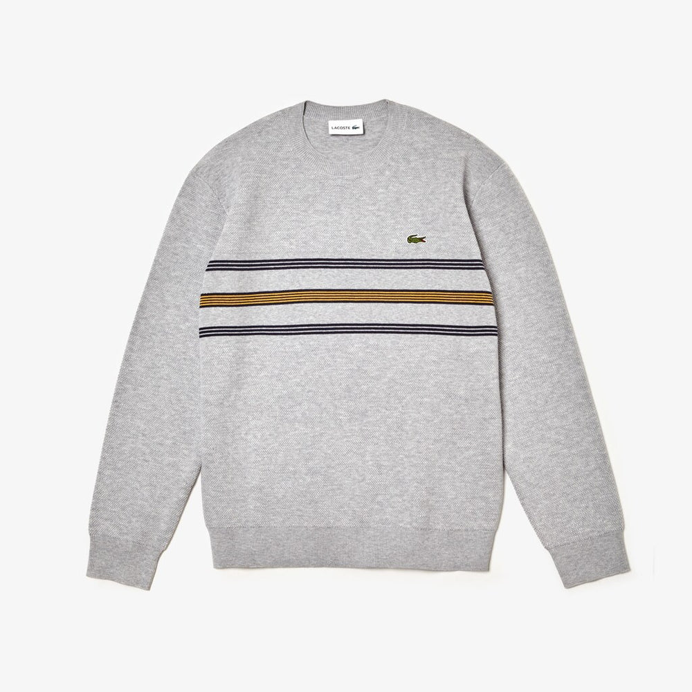 Mens   Crewneck Striped Texturized Piqué Sweater | Lacoste Grey Chine / Navy Blue / Yellow • 1Fr