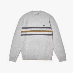 Mens   Crewneck Striped Texturized Piqué Sweater | Lacoste Grey Chine / Navy Blue / Yellow • 1Fr