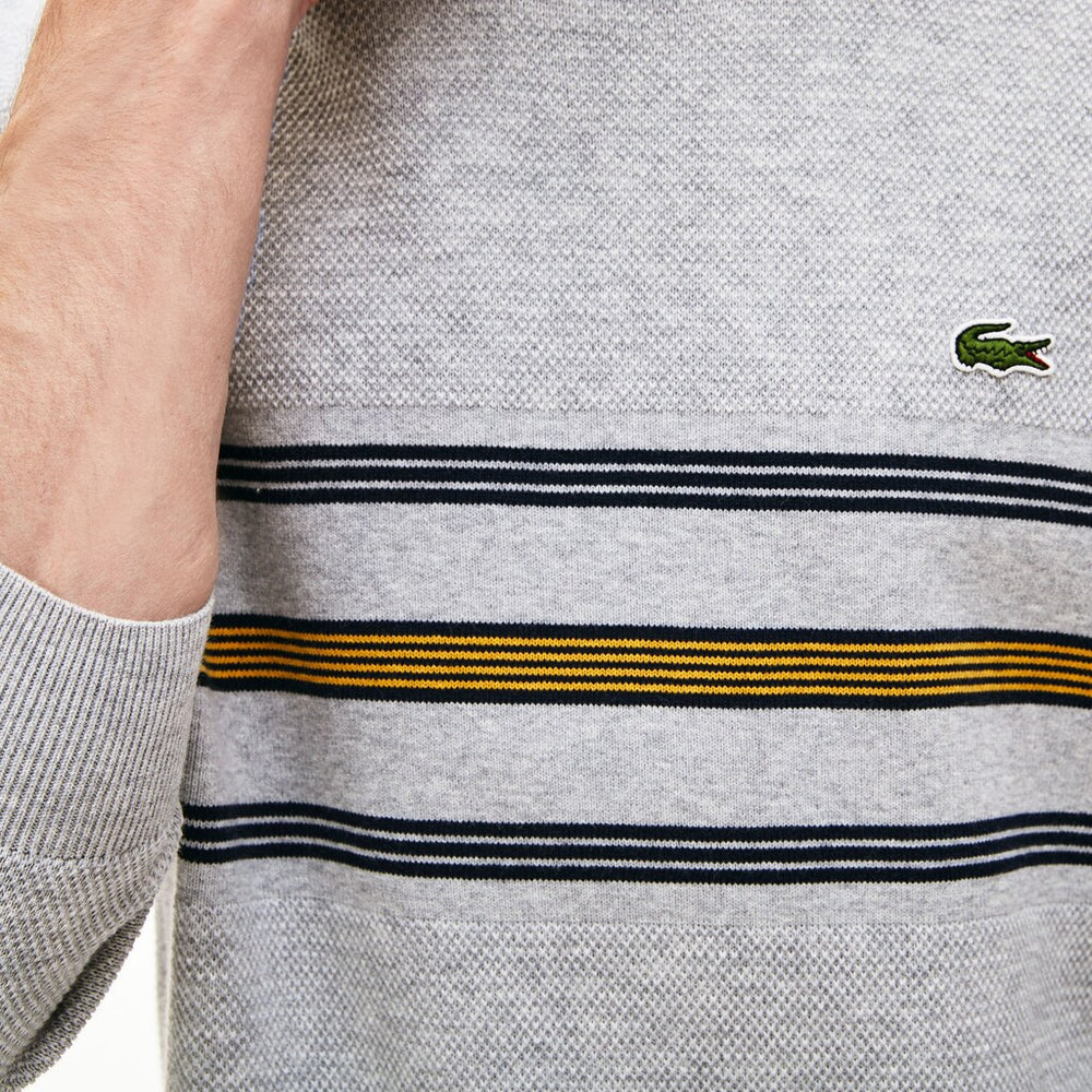 Mens   Crewneck Striped Texturized Piqué Sweater | Lacoste Grey Chine / Navy Blue / Yellow • 1Fr