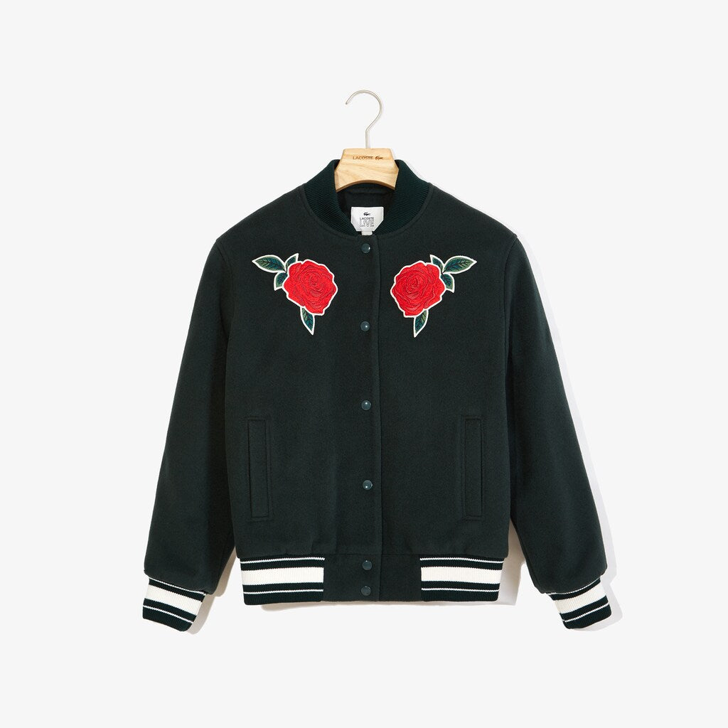 Womens Wo  LIVE Rose-Embroidered Varsity Jacket | Lacoste Green • Yzp