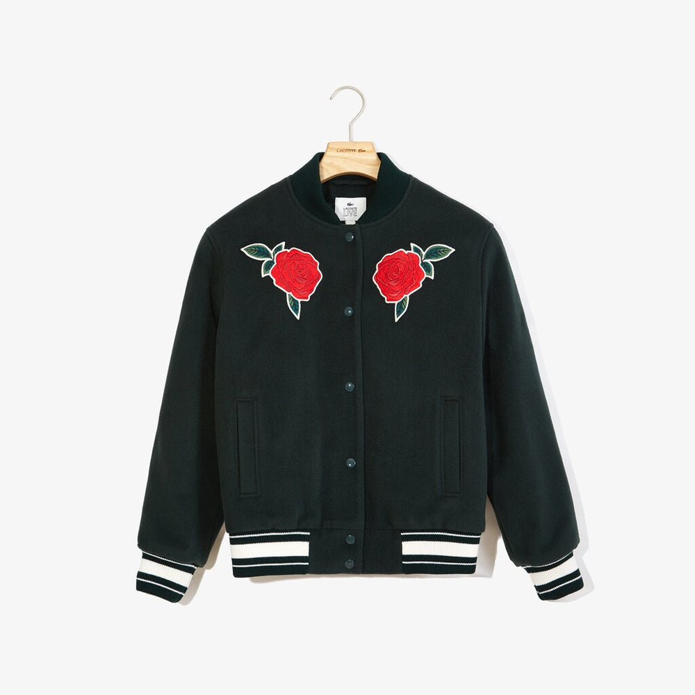 Womens Wo  LIVE Rose-Embroidered Varsity Jacket | Lacoste Green • Yzp