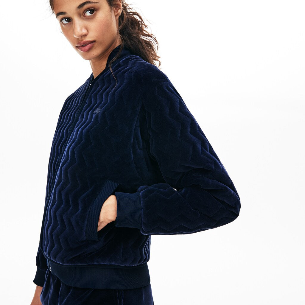 Womens Wo  Chevron-Stitch Velour Cropped Varsity Jacket | Lacoste Navy Blue • 166