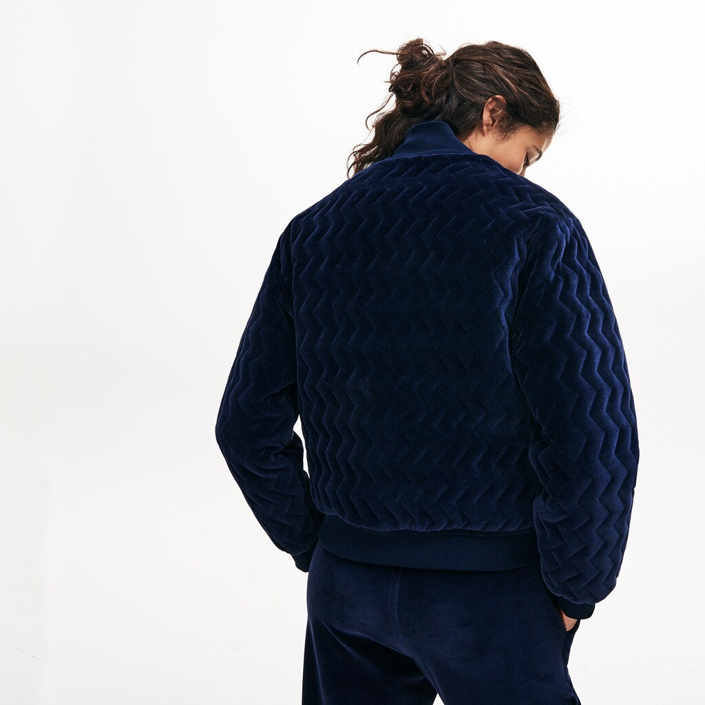 Womens Wo  Chevron-Stitch Velour Cropped Varsity Jacket | Lacoste Navy Blue • 166
