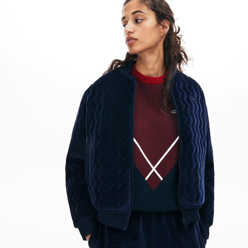 Womens Wo  Chevron-Stitch Velour Cropped Varsity Jacket | Lacoste Navy Blue • 166