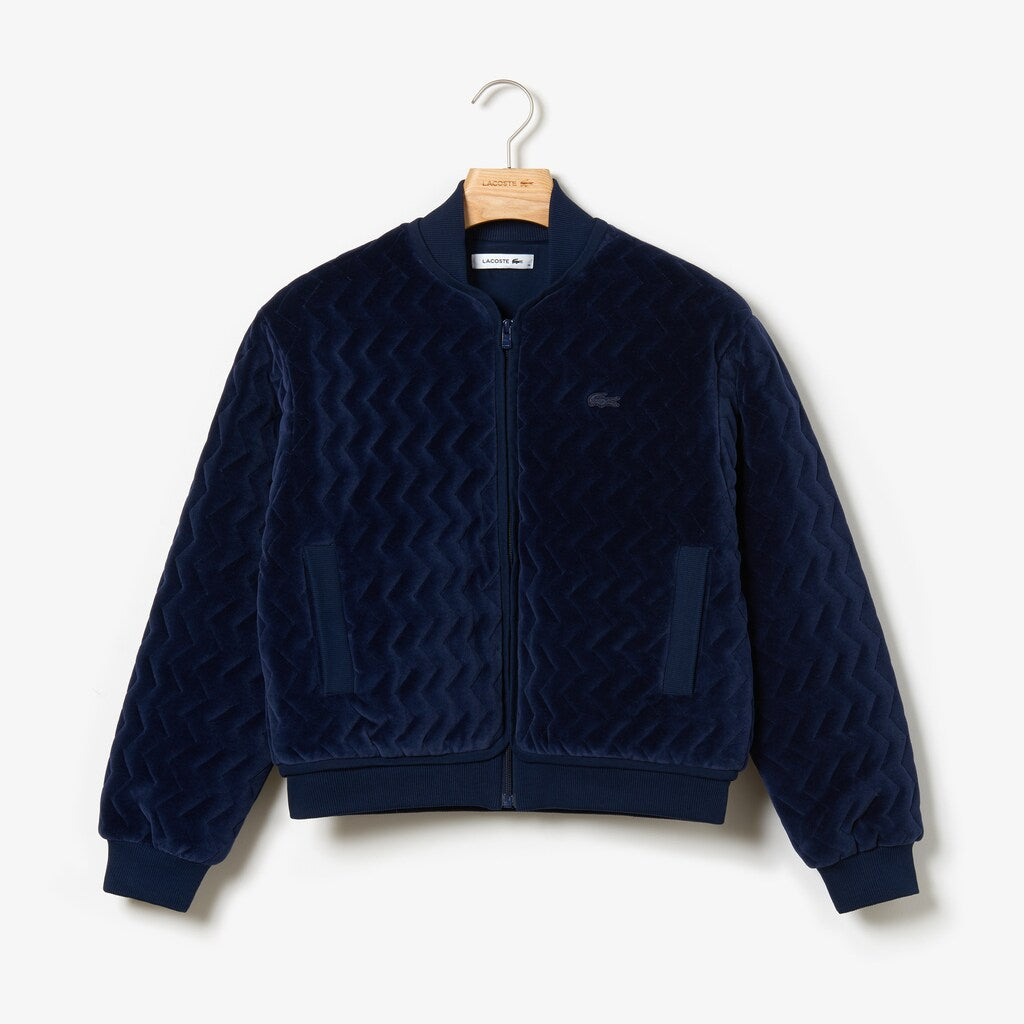 Womens Wo  Chevron-Stitch Velour Cropped Varsity Jacket | Lacoste Navy Blue • 166