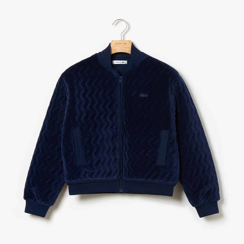 Womens Wo  Chevron-Stitch Velour Cropped Varsity Jacket | Lacoste Navy Blue • 166