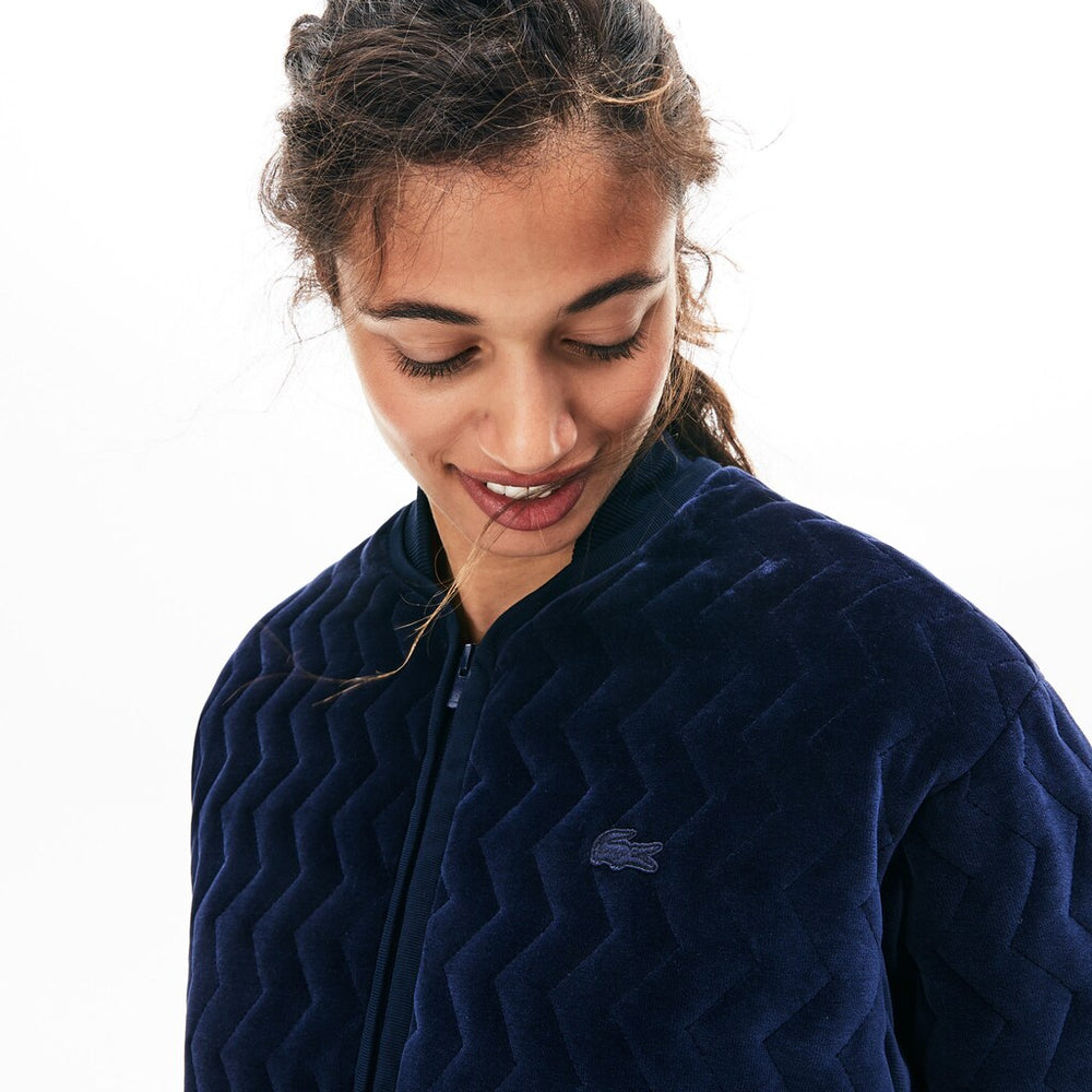 Womens Wo  Chevron-Stitch Velour Cropped Varsity Jacket | Lacoste Navy Blue • 166