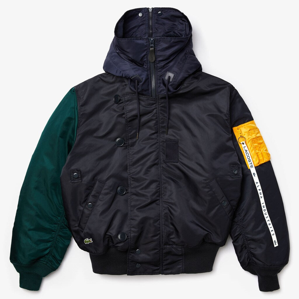 Mens Unisex Lacoste x Alpha Industries Colorblock Flightjacket | Lacoste Dark Grey / Navy Blue / Green / Yellow • Zb1