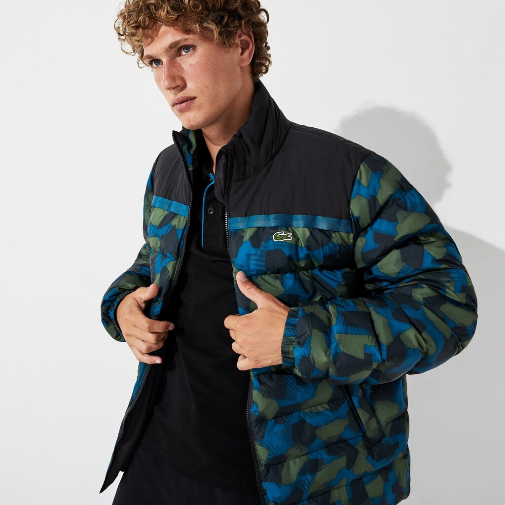 Mens   SPORT Color-Blocked Water Resistant Quilted Jacket | Lacoste Black / Blue / Khaki Green • 4Gt