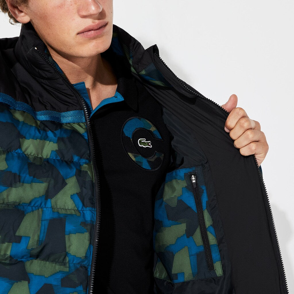 Mens   SPORT Color-Blocked Water Resistant Quilted Jacket | Lacoste Black / Blue / Khaki Green • 4Gt
