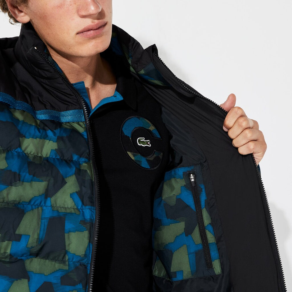 Mens   SPORT Color-Blocked Water Resistant Quilted Jacket | Lacoste Black / Blue / Khaki Green • 4Gt