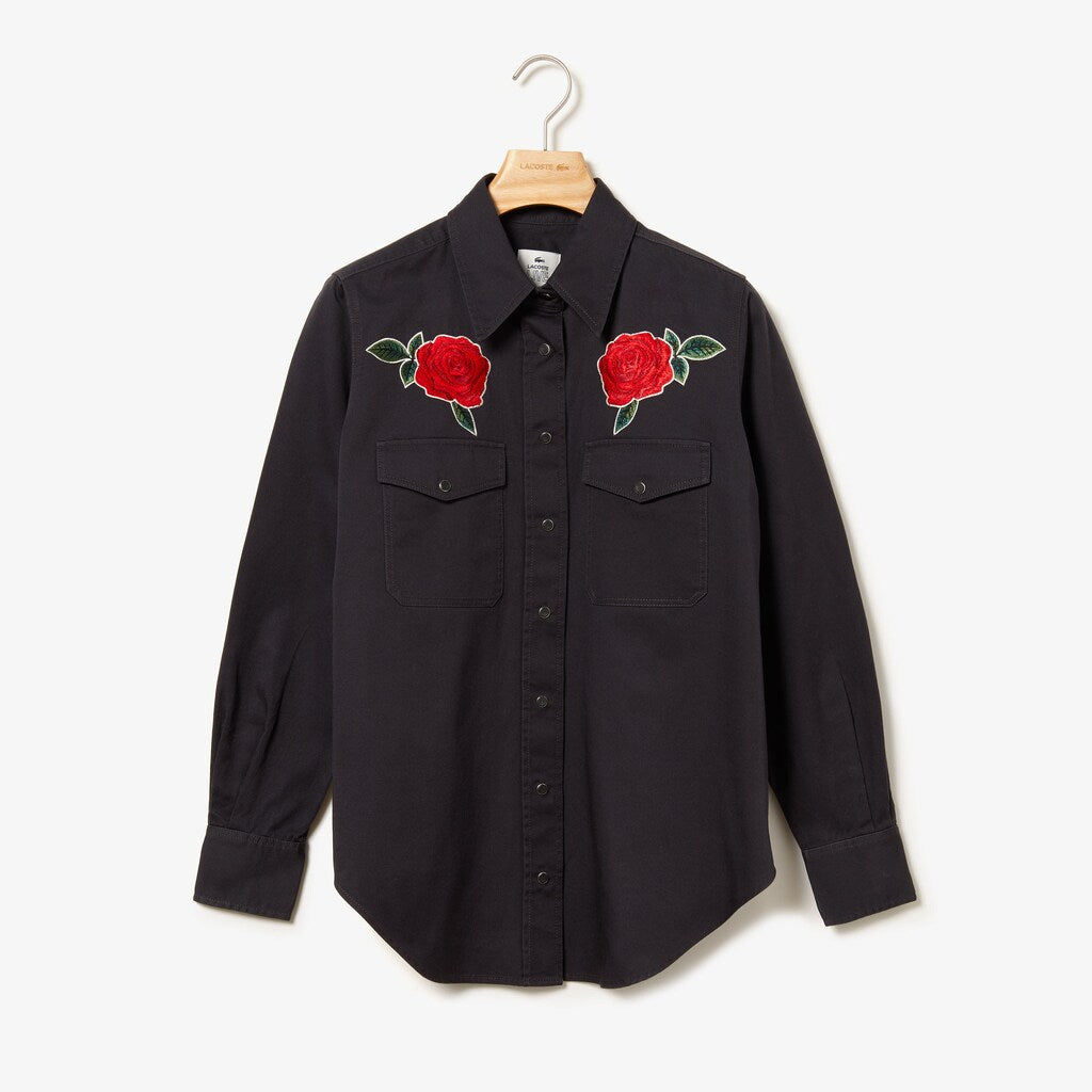 Womens Wo  LIVE Rose-Embroidered Cotton Shirt | Lacoste Dark Grey • S5T