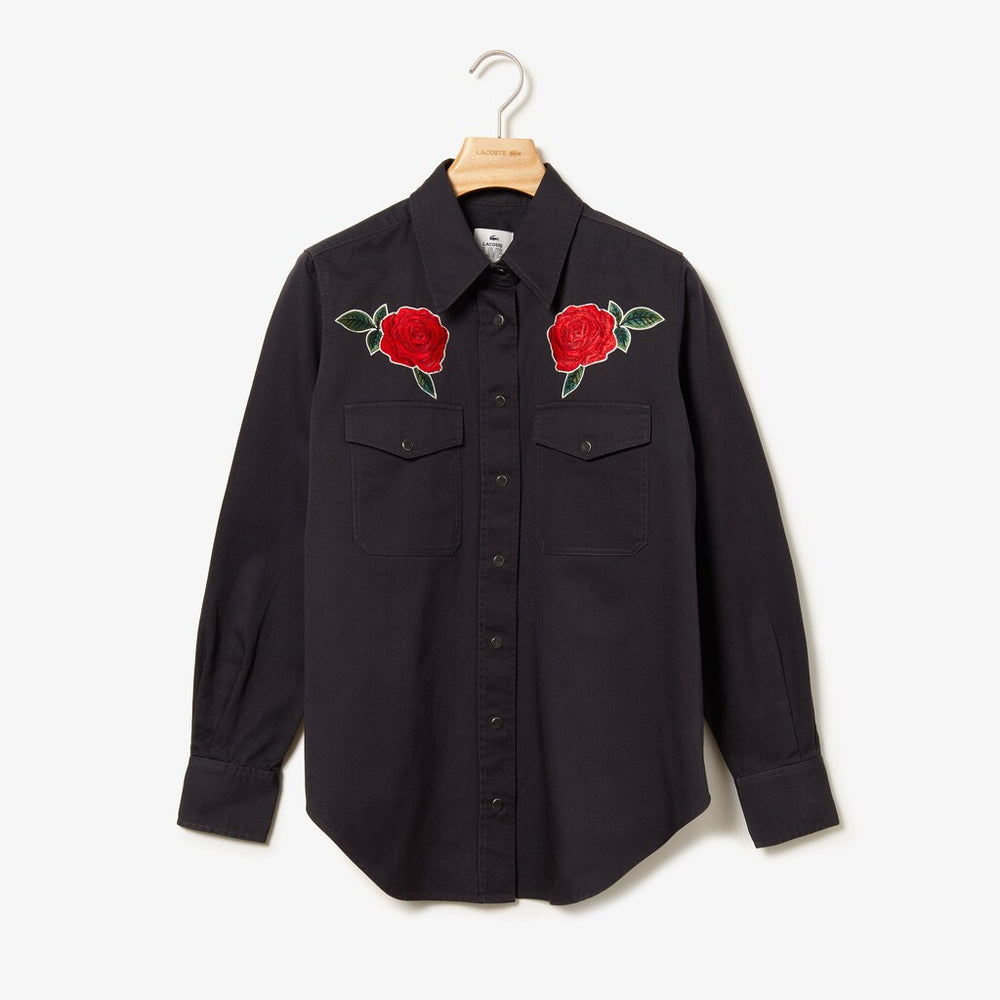 Womens Wo  LIVE Rose-Embroidered Cotton Shirt | Lacoste Dark Grey • S5T