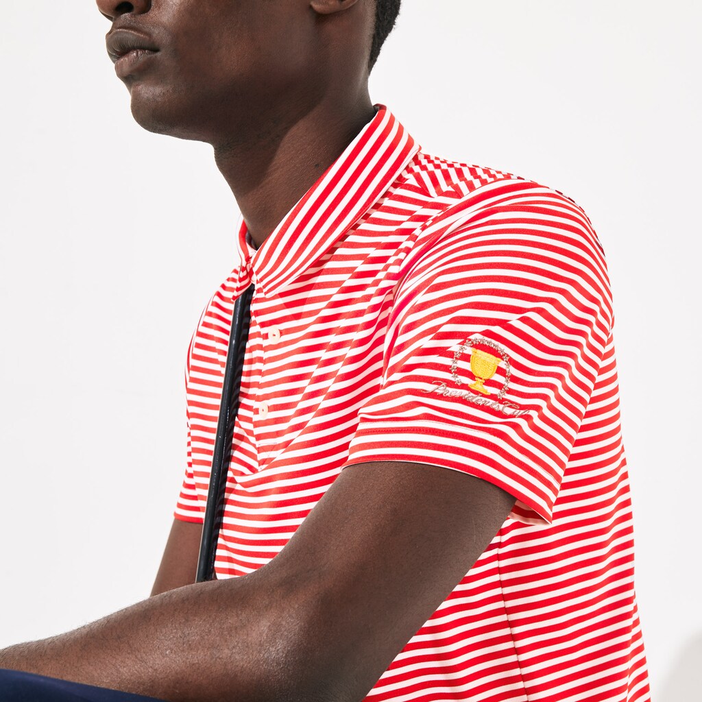 Mens   Presidents Cup Pinstriped Breathable Jersey Golf Polo | Lacoste Red / White • 564