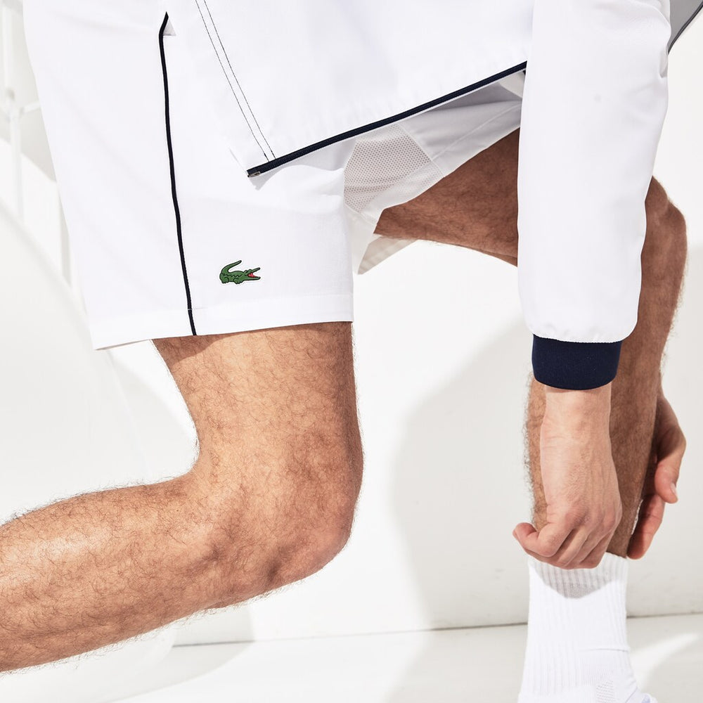 Mens   SPORT Novak Djokovic Stretch Technical Shorts | Lacoste White / Navy Blue • 522
