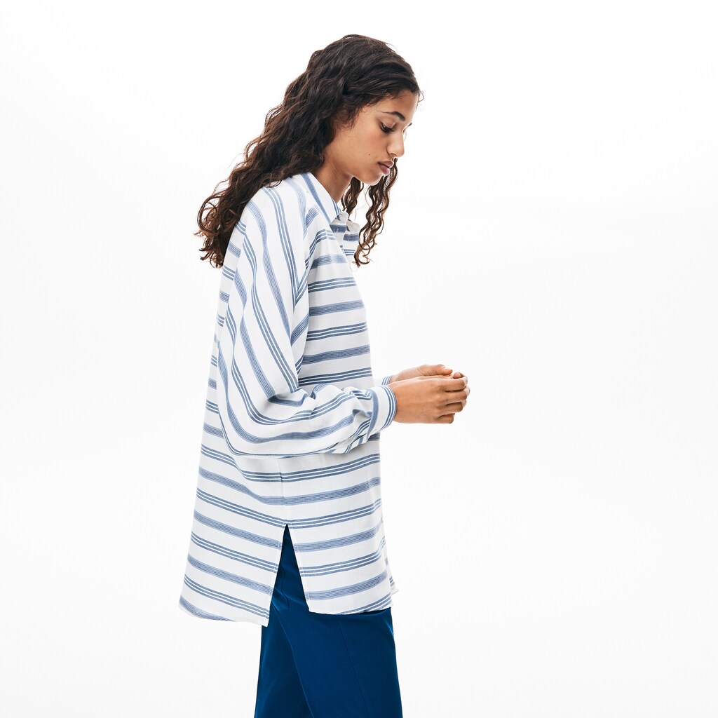 Womens Wo  Loose Fit Striped Lightweight Cotton Shirt | Lacoste White / Navy Blue / Blue • 1A7