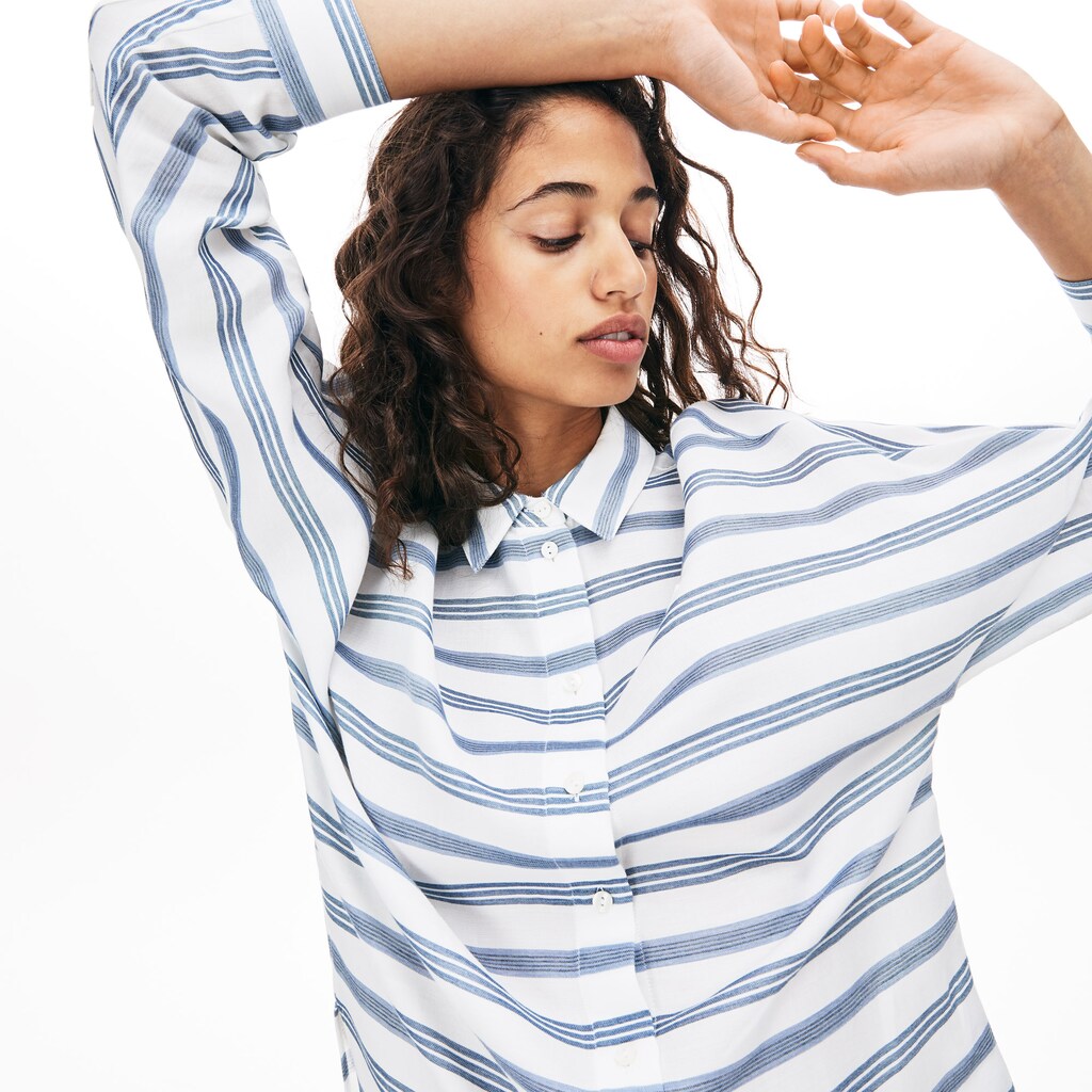 Womens Wo  Loose Fit Striped Lightweight Cotton Shirt | Lacoste White / Navy Blue / Blue • 1A7