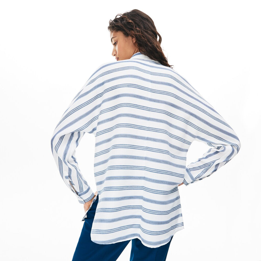 Womens Wo  Loose Fit Striped Lightweight Cotton Shirt | Lacoste White / Navy Blue / Blue • 1A7