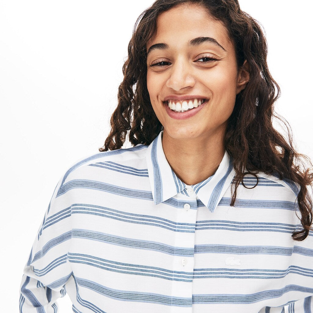 Womens Wo  Loose Fit Striped Lightweight Cotton Shirt | Lacoste White / Navy Blue / Blue • 1A7