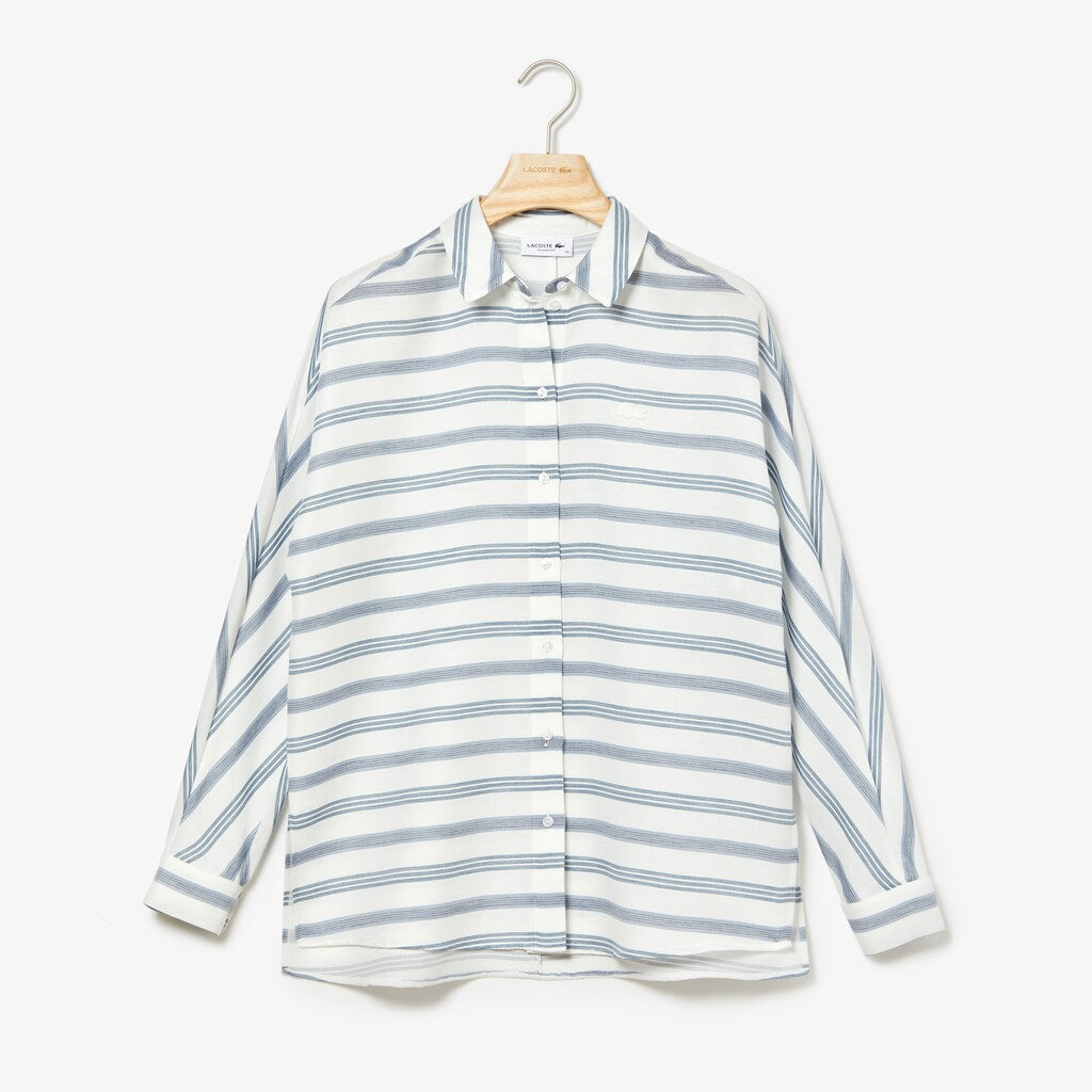 Womens Wo  Loose Fit Striped Lightweight Cotton Shirt | Lacoste White / Navy Blue / Blue • 1A7