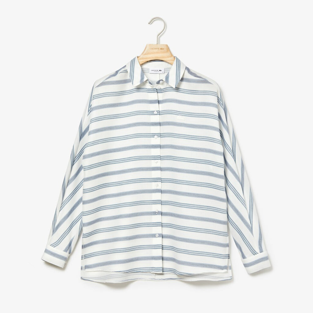Womens Wo  Loose Fit Striped Lightweight Cotton Shirt | Lacoste White / Navy Blue / Blue • 1A7