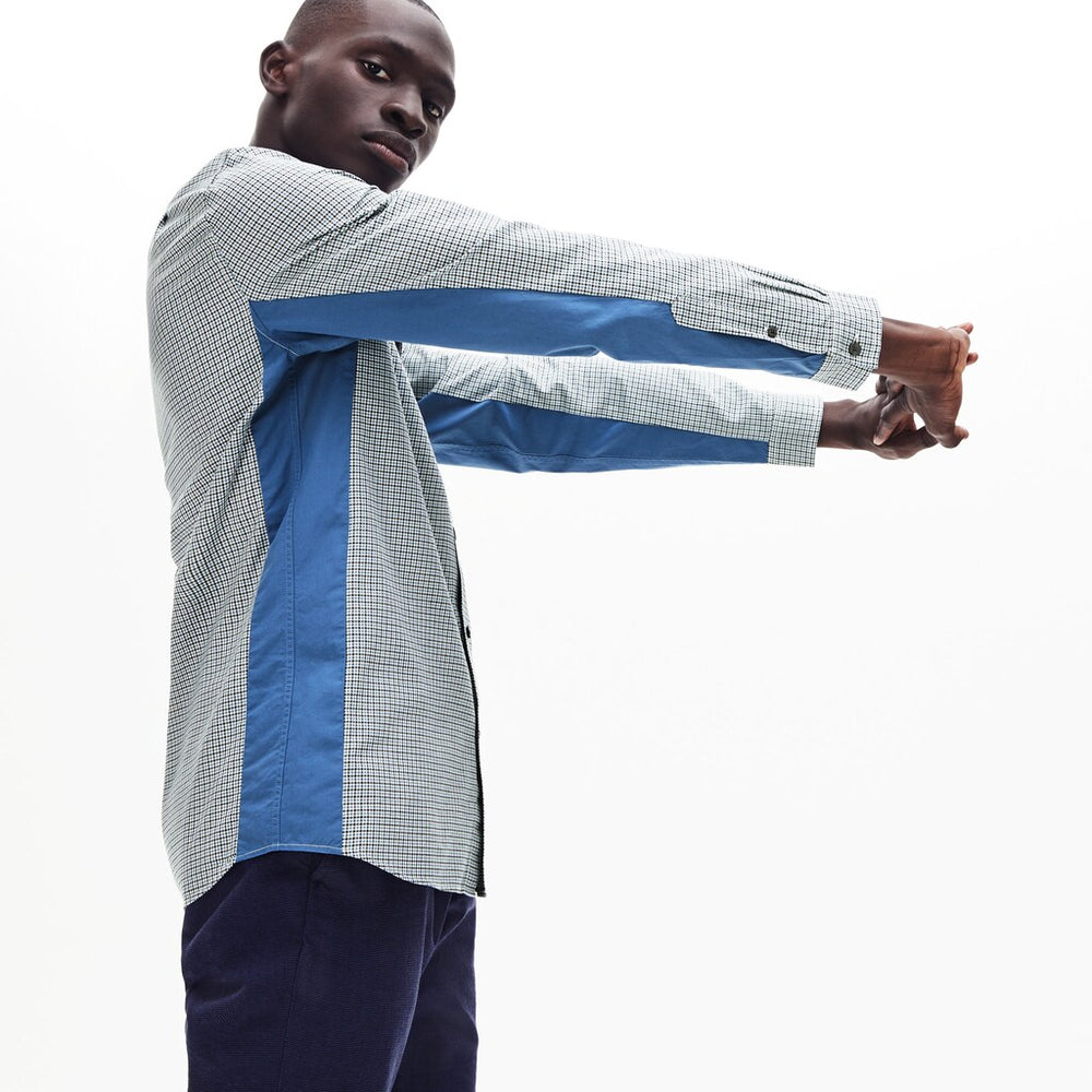 Mens   Regular Fit Paneled Print-Blocked Cotton Shirt | Lacoste Blue / White / Navy Blue • 1R2